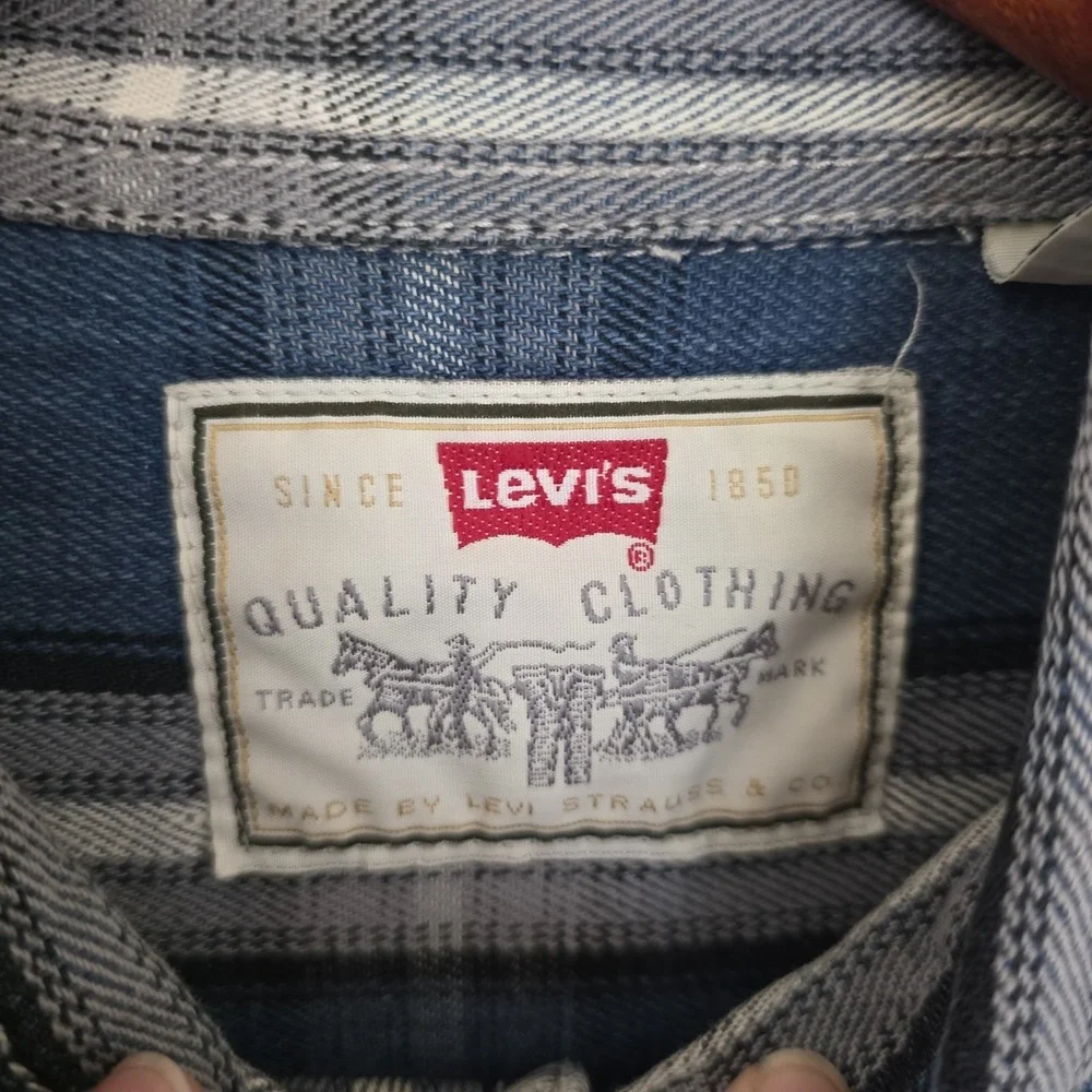 VTG Levi's Blue Tab Denim Striped Plaid Metal Button Front Shirt Heavy Grunge XL